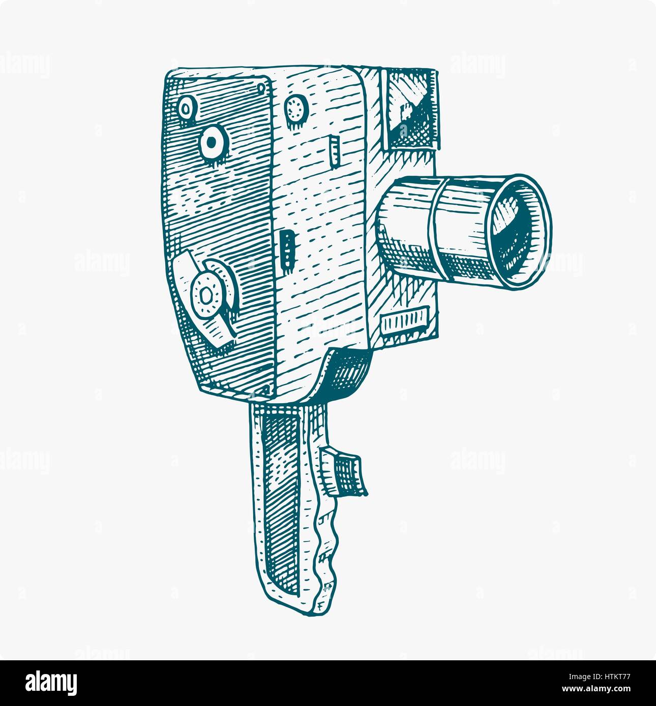 Photo movie or film camera vintage, engraved, hand drawn in sketch or wood cut style, old looking retro lens, isolated vector realistic illustration. Stock Vector