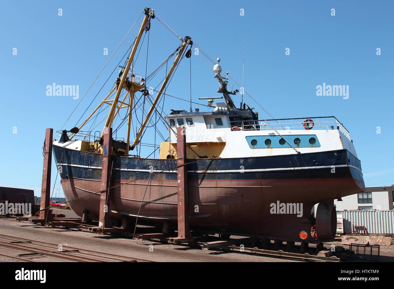 fishing vessel in dockyard for maintenance Stock Photo