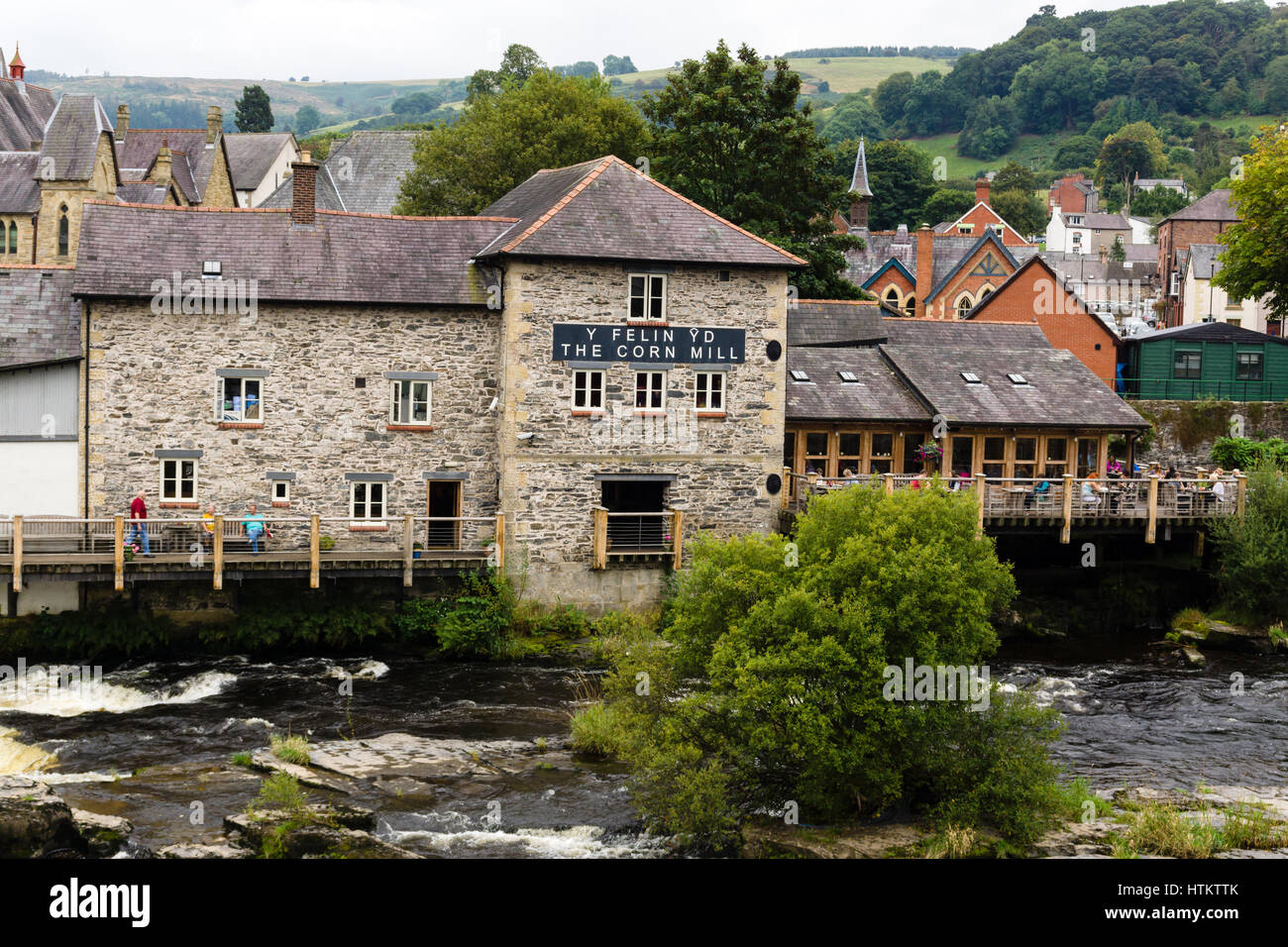 The Corn Mill cafe and bistro next to the Dee bridge in Llangollen Wales on the banks of the River Dee Stock Photo