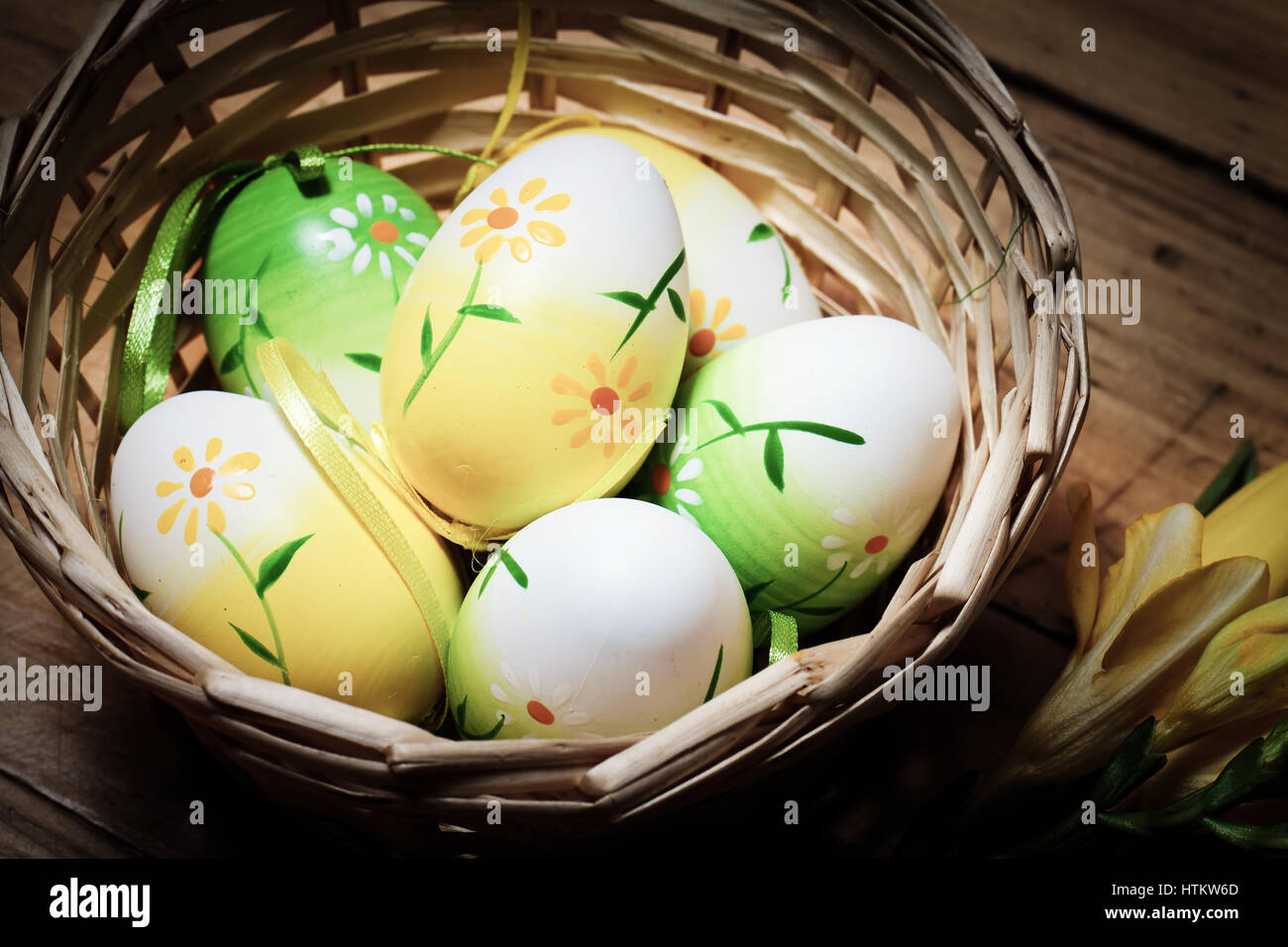 easter background with eggs, spring flowers and decoration Stock Photo ...