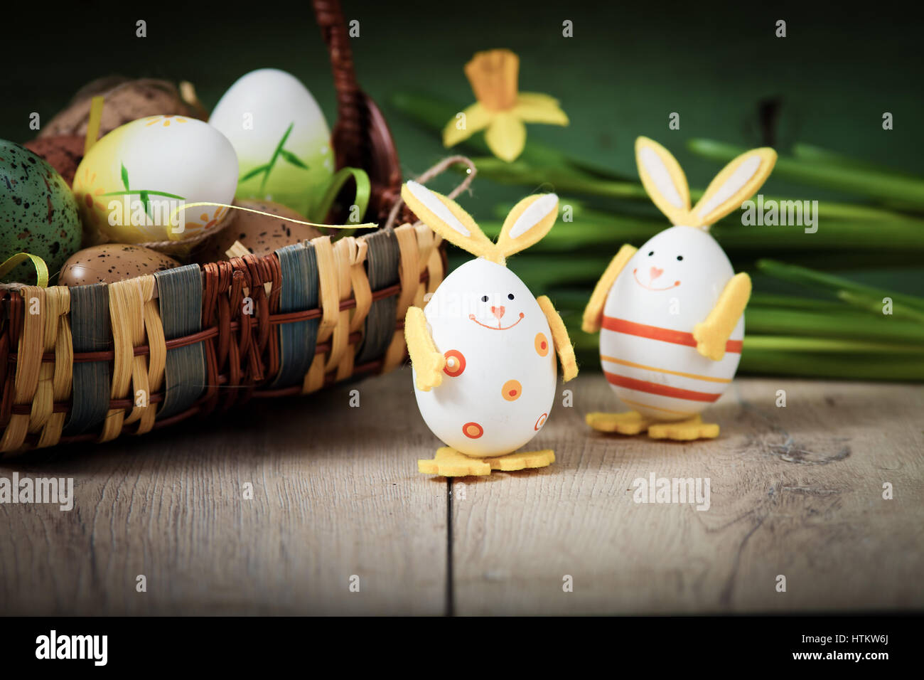 easter background with eggs, spring flowers and decoration Stock Photo ...