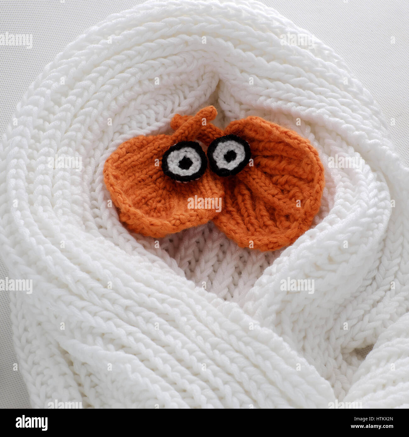 Humor eyes of winter from yarn, diy simple background for Xmas holiday by knitted leaf for eyebrows, nose on white scarf background, funny face craft Stock Photo