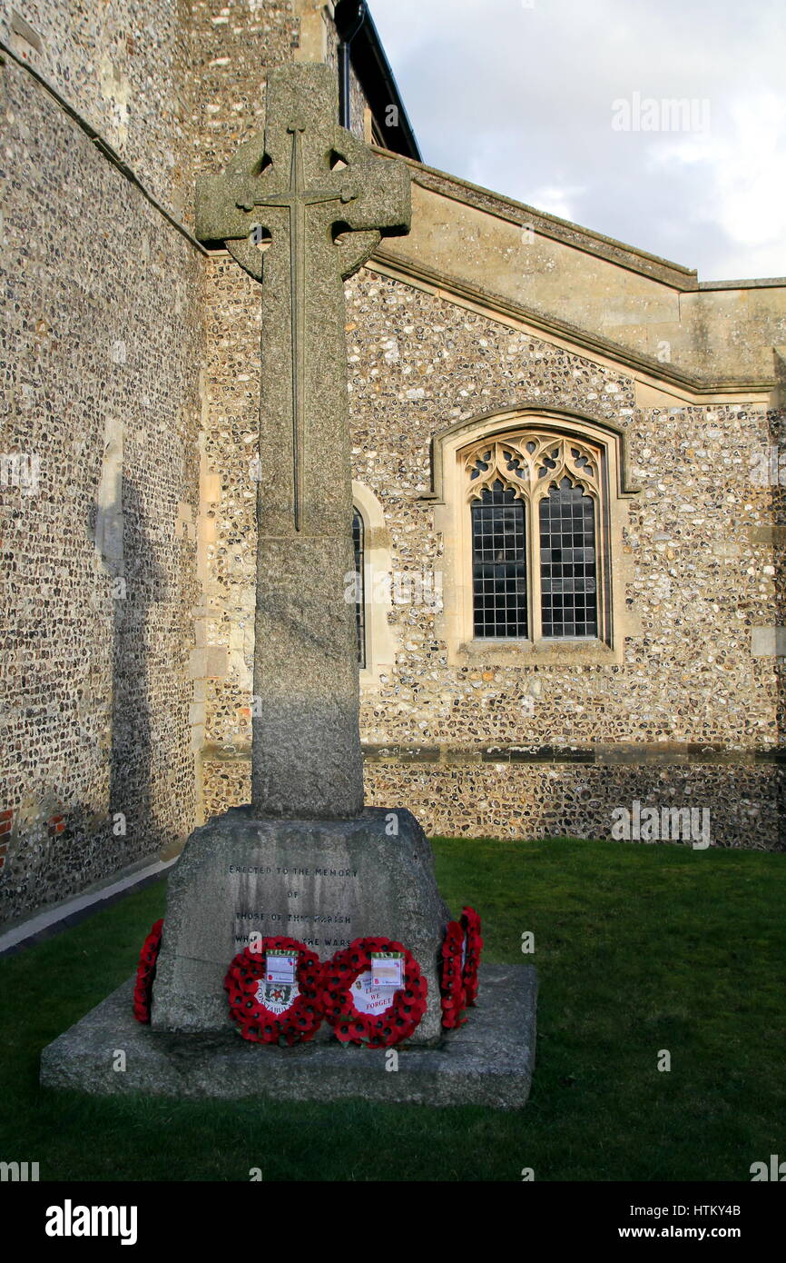 New Alresford, UK Jan 28 2017 Celtic cross with poppy wreaths