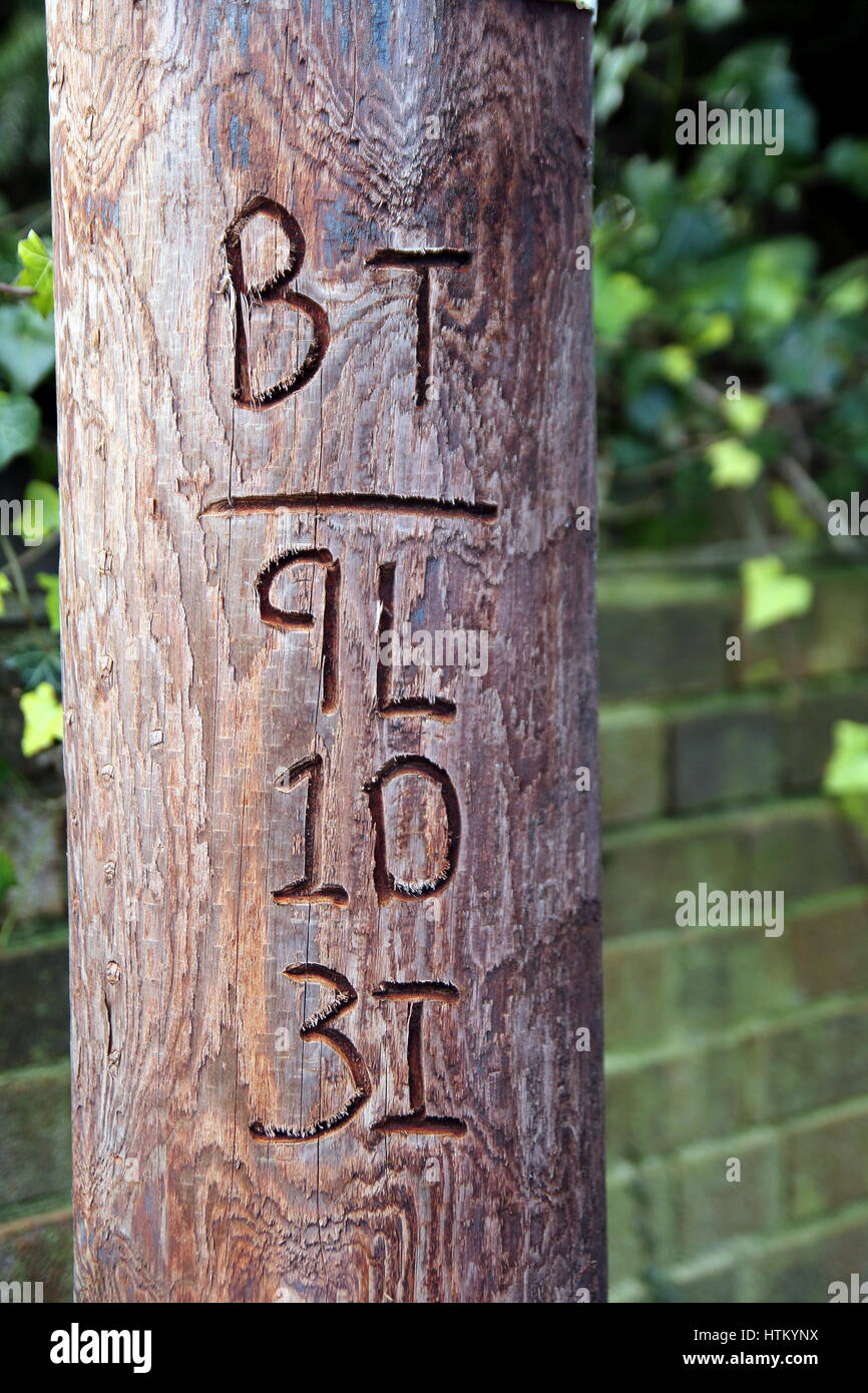 Alresford, UK - Jan 28 2017: British Telecom reference number carved into a  traditional wooden telegraph pole, showing the horizontal "Doby" mark Stock  Photo - Alamy