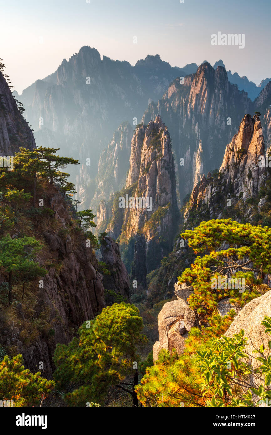 View of the West Sea Canyon from atop Huangshan (Yellow Mountain) in Anhui province, China. Huangshan is world-famous for its extreme granite peaks, w Stock Photo