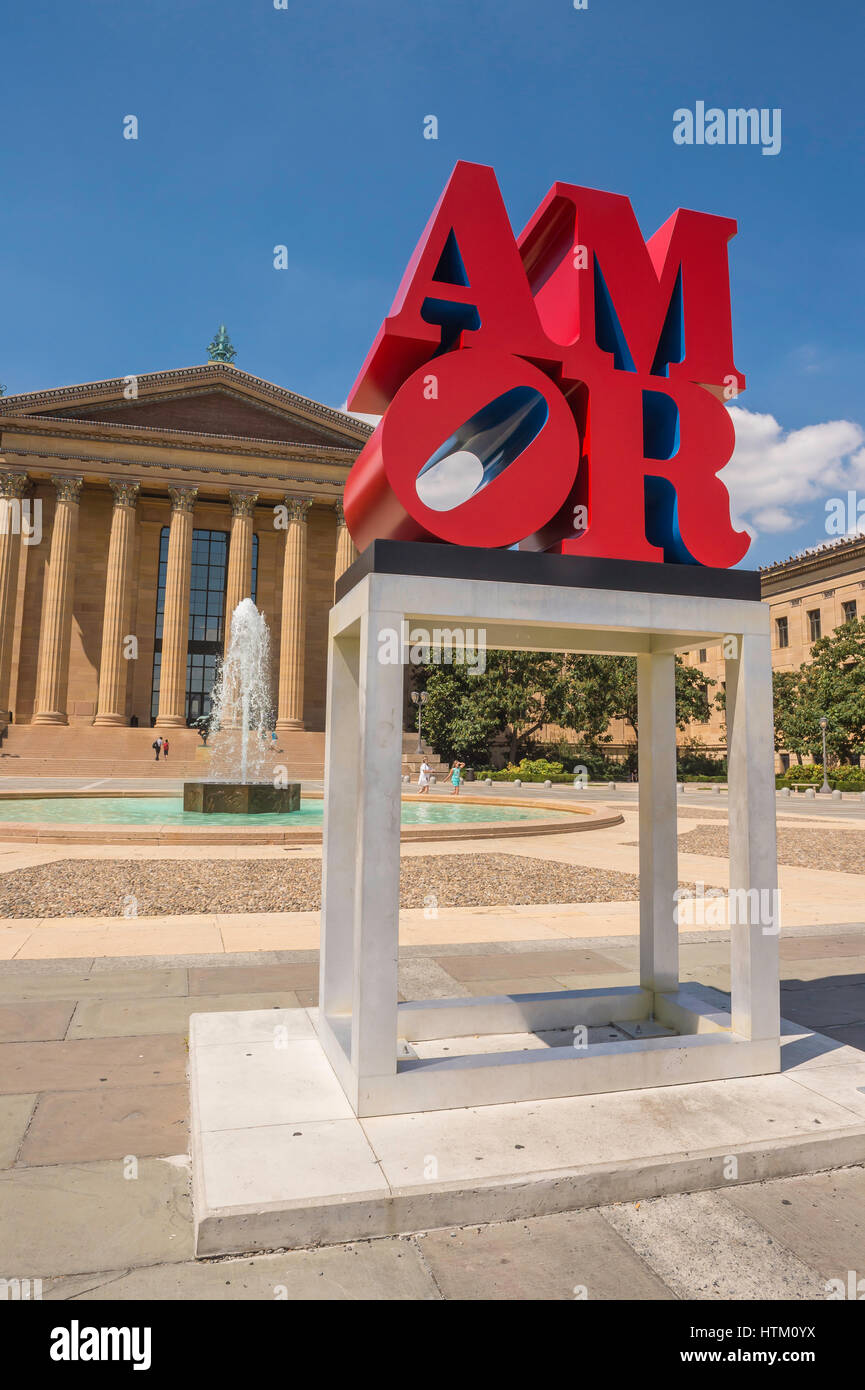 AMOR sculpture by Robert Indiana, on the steps of the Philadelphia Museum of Art, Philadelphia, Pennsylvania, USA Stock Photo