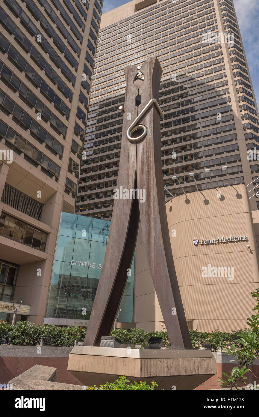 Clothespin, giant clothespeg, sculpture, by Claes Oldenbug, Centre Square, 1500 Market Street, Philadelphia, Pennsylvania, USA Stock Photo