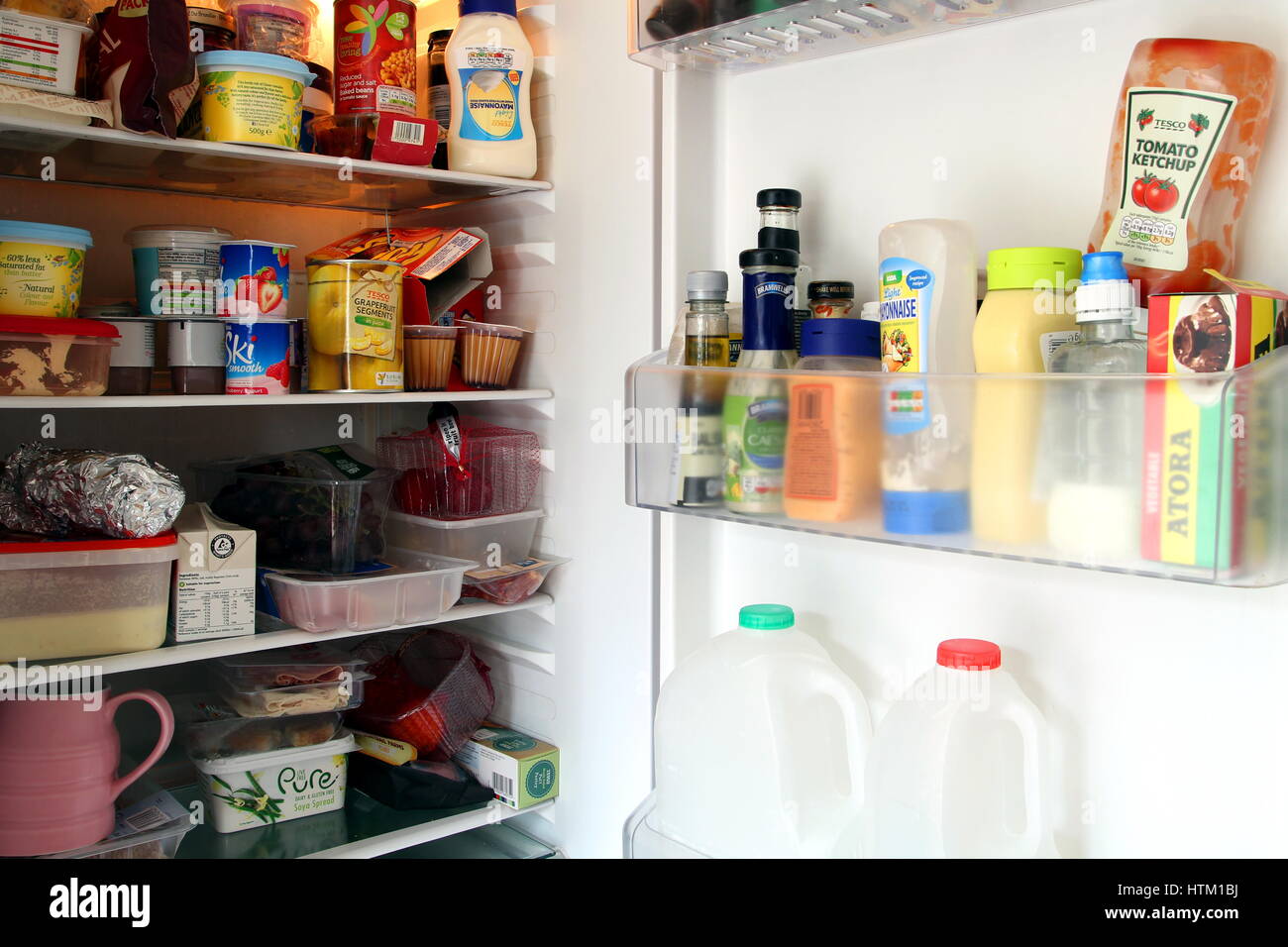 Camberley, UK - Feb 1st 2017: Contents of a packed domestic UK fridge or refrigerator, full of British supermarket food from England Stock Photo