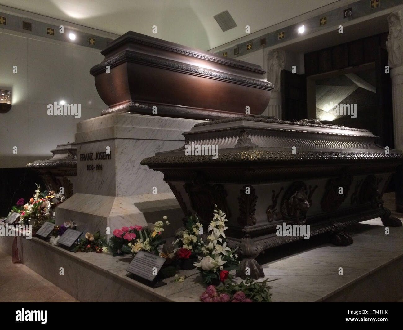 Sarcophagi of Empress Elisabeth of Austria (1837 - 1898), Emperor Franz Joseph I of Austria (1830 - 1916) and their son Crown Prince Rudolf of Austria (1858 - 1889) pictured from left to right in the Kaisergruft (Imperial Crypt) in Vienna, Austria. Stock Photo