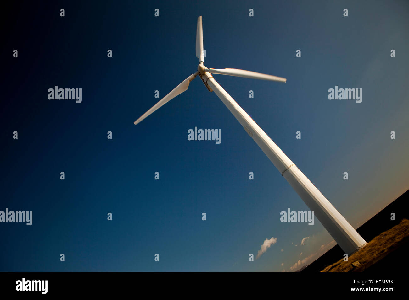 Modern Wind Turbine against blue sky, Harris, Wales, United Kingdom Stock Photo