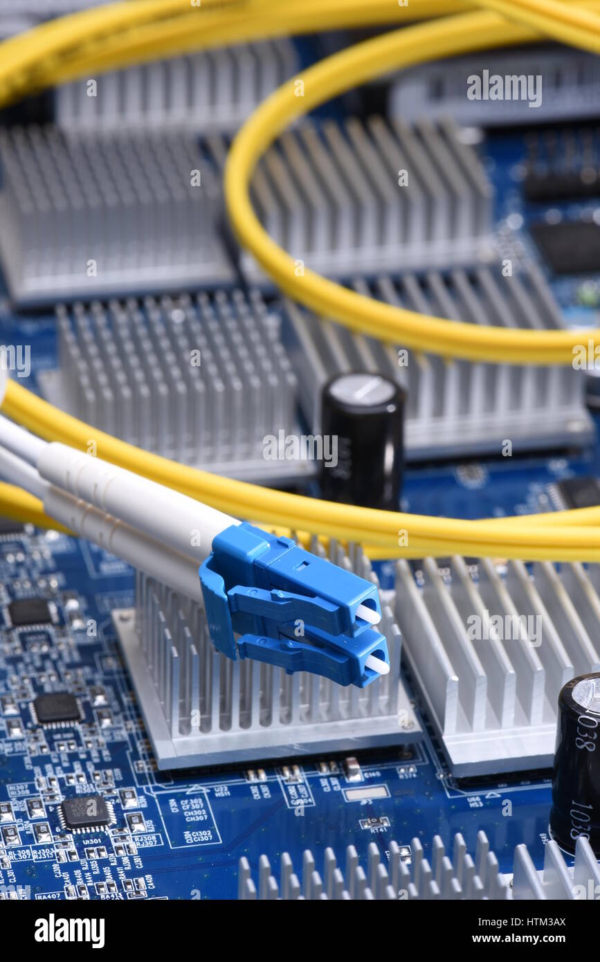 Technology Fiber Optic Cable on Motherboard Closeup Stock Photo Alamy