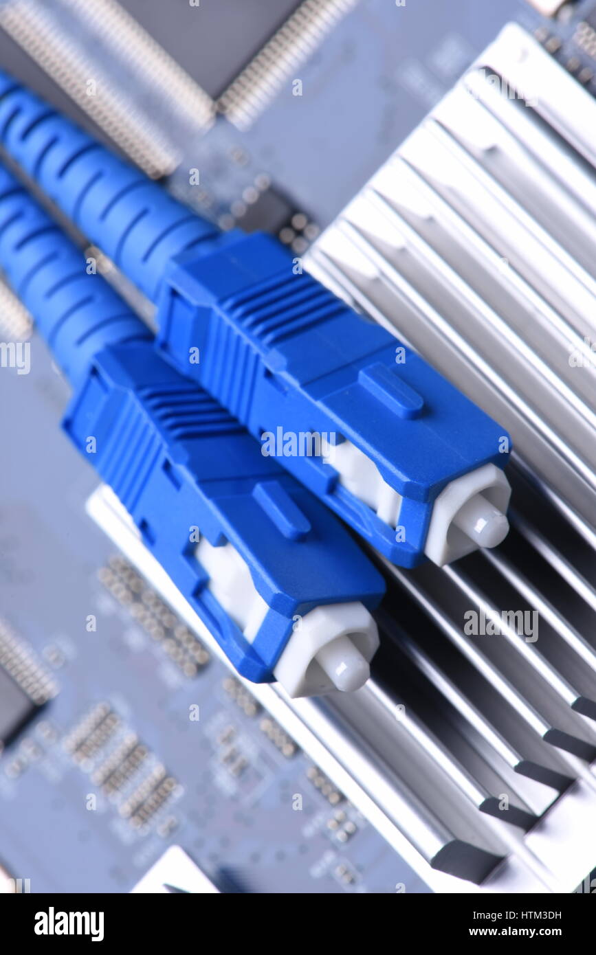 Technology Fiber Optic Cable on Motherboard Closeup Stock Photo Alamy