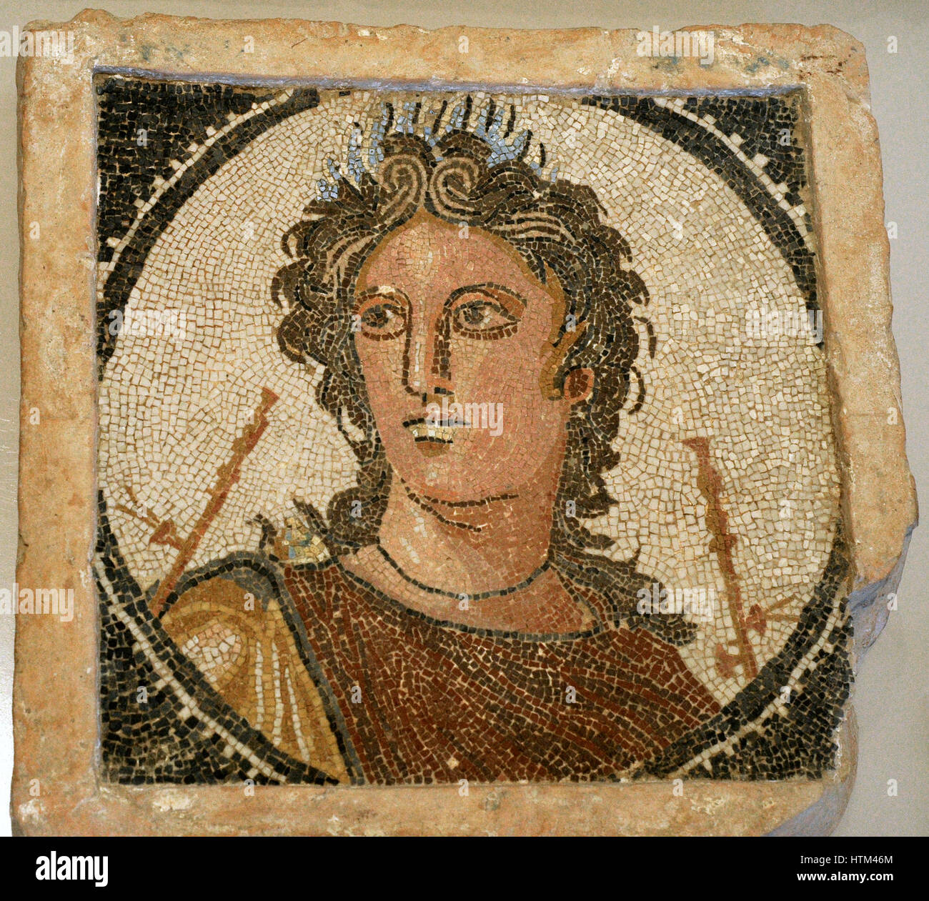Mosaic of the wall depicting Euterpe, muse of the flute. 2nd century AD. National Archaeological Museum. Tarragona. Spain. Stock Photo