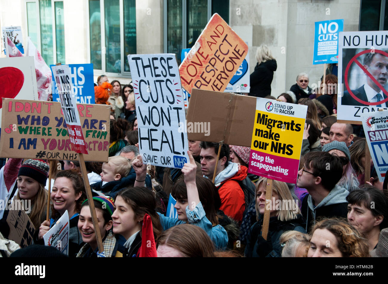 Central London. March 3rd 2017 . Thousands of health workers, activists and members of the public protested against austerity in the health service Stock Photo