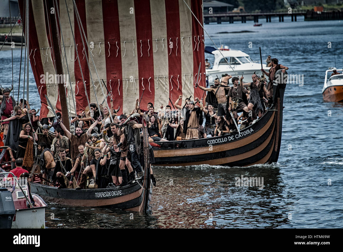 Viking landing recreation in Catoira, Galicia, North Spain. Stock Photo