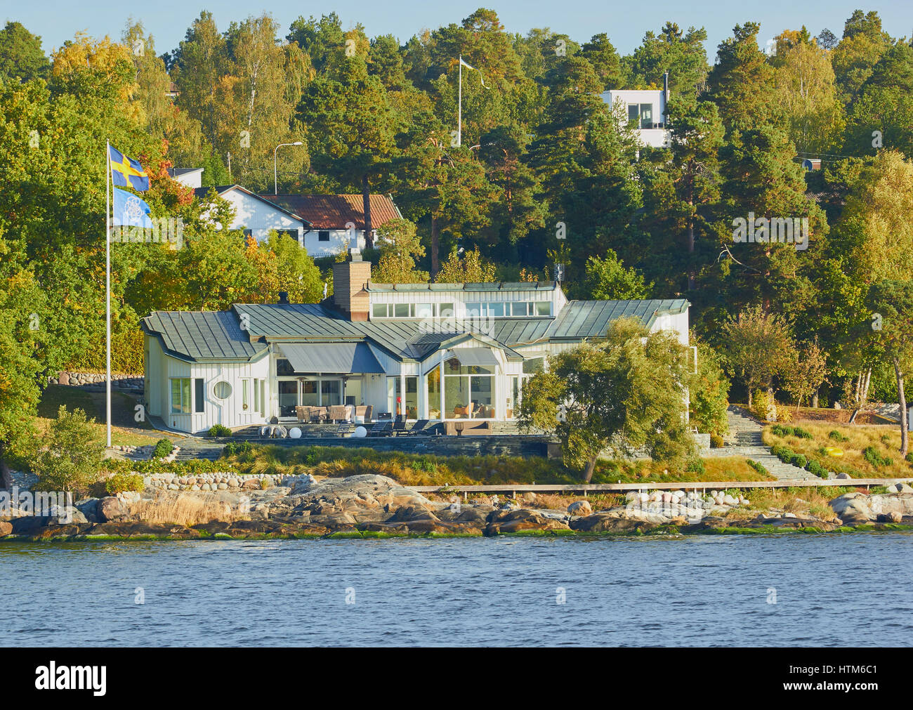 Luxury waterfront property amongst trees, Stockholm archipelago, Sweden