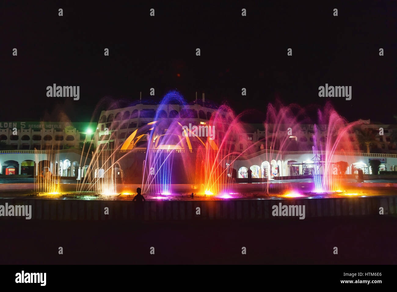 The colorful of fountain on the lake at night egypt hurghada hotel