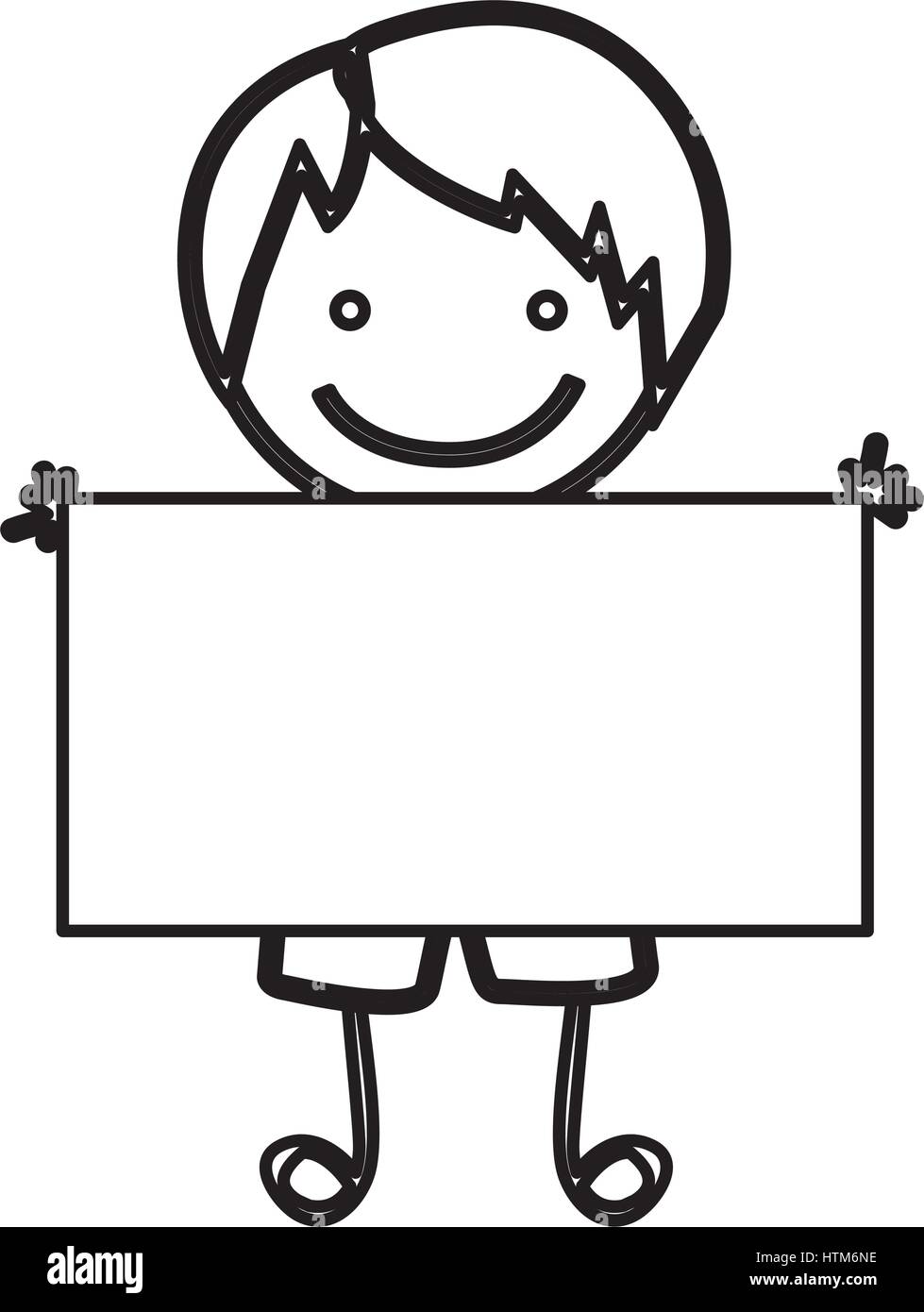 sketch silhouette front view boy with straight hair and banner Stock Vector