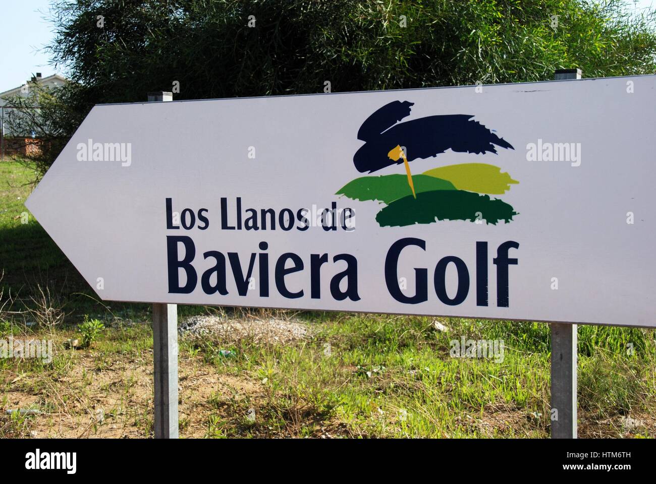 Los Llanos de Baviera Golf club sign, Caleta de Velez, Malaga Province, Andalusia, Spain, Western Europe. Stock Photo