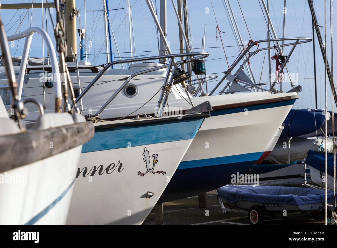 bows of boats,peaceful, port, quay, quayside, reflection, reflective, resort, row, sail, sailing, sea, seeing, sight, sightseeing, sky, still, summer, Stock Photo