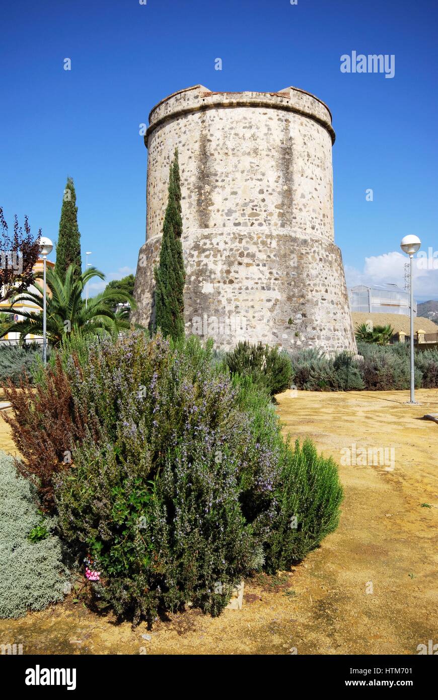 Old watchtower in the park known as the Torre Derecha, Lagos, Malaga Province, Andalusia, Spain, Western Europe. Stock Photo