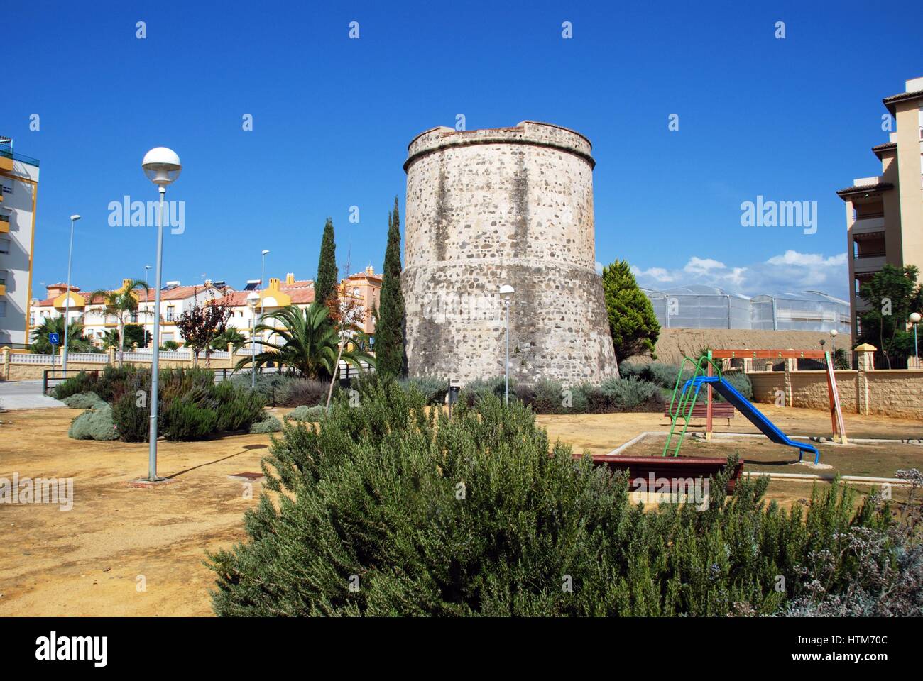 Old watchtower in the park known as the Torre Derecha, Lagos, Malaga Province, Andalusia, Spain, Western Europe. Stock Photo