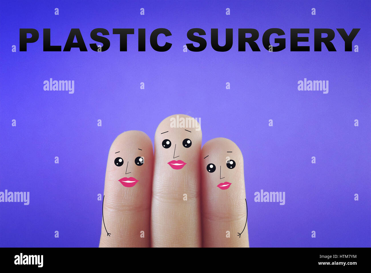Three fingers decorated as three ladies who had plastic surgery. Suitable for anything about Plastic surgery. Stock Photo