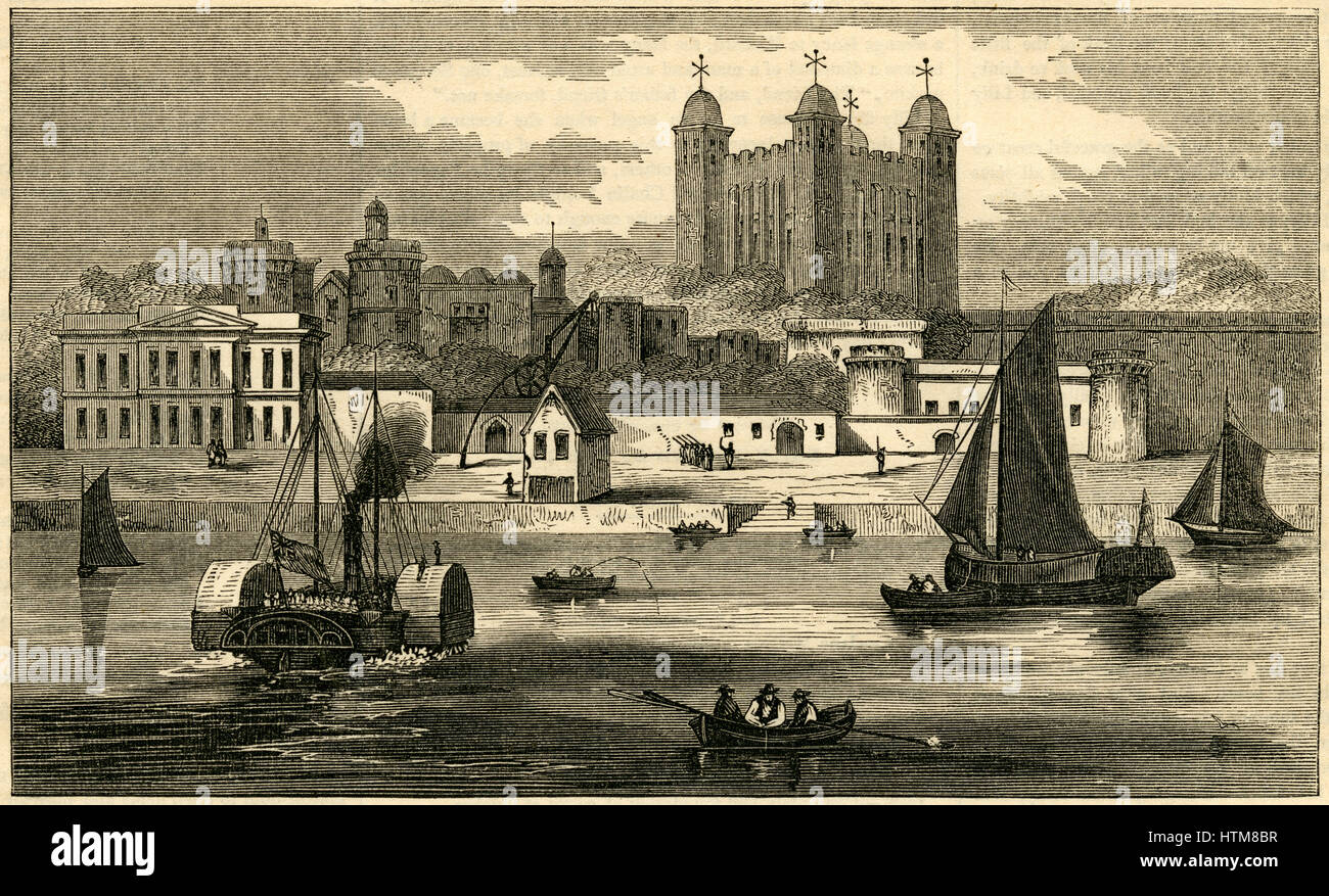 Antique 1854 engraving, 'View of the Tower of London from the Thames.' SOURCE: ORIGINAL ENGRAVING. Stock Photo