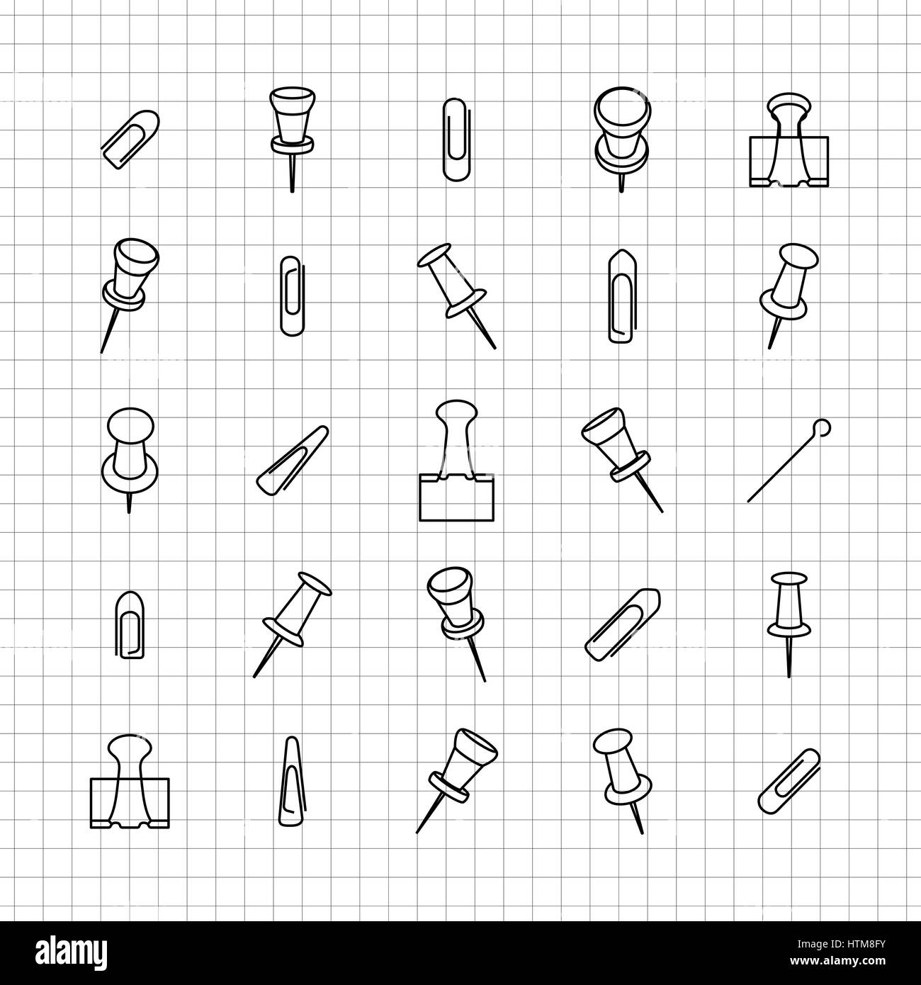 Office set, clips and paper clip icons of various forms and sizes of
