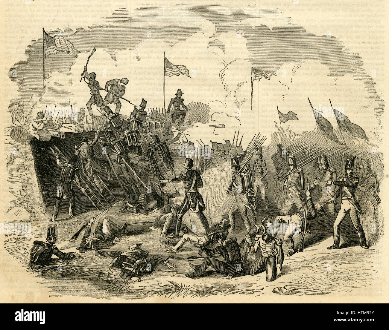 Antique 1854 engraving, 'Battle of New Orleans Ñ from a Painting by Merritt.' The Battle of New Orleans was an engagement fought in January 1815, constituting the final major battle of the War of 1812, and the most one-sided battle of that war. American combatants, commanded by Major General Andrew Jackson, prevented an overwhelming British force, commanded by Admiral Alexander Cochrane and General Edward Pakenham, from seizing New Orleans and the vast territory the United States had acquired with the Louisiana Purchase. SOURCE: ORIGINAL ENGRAVING. Stock Photo