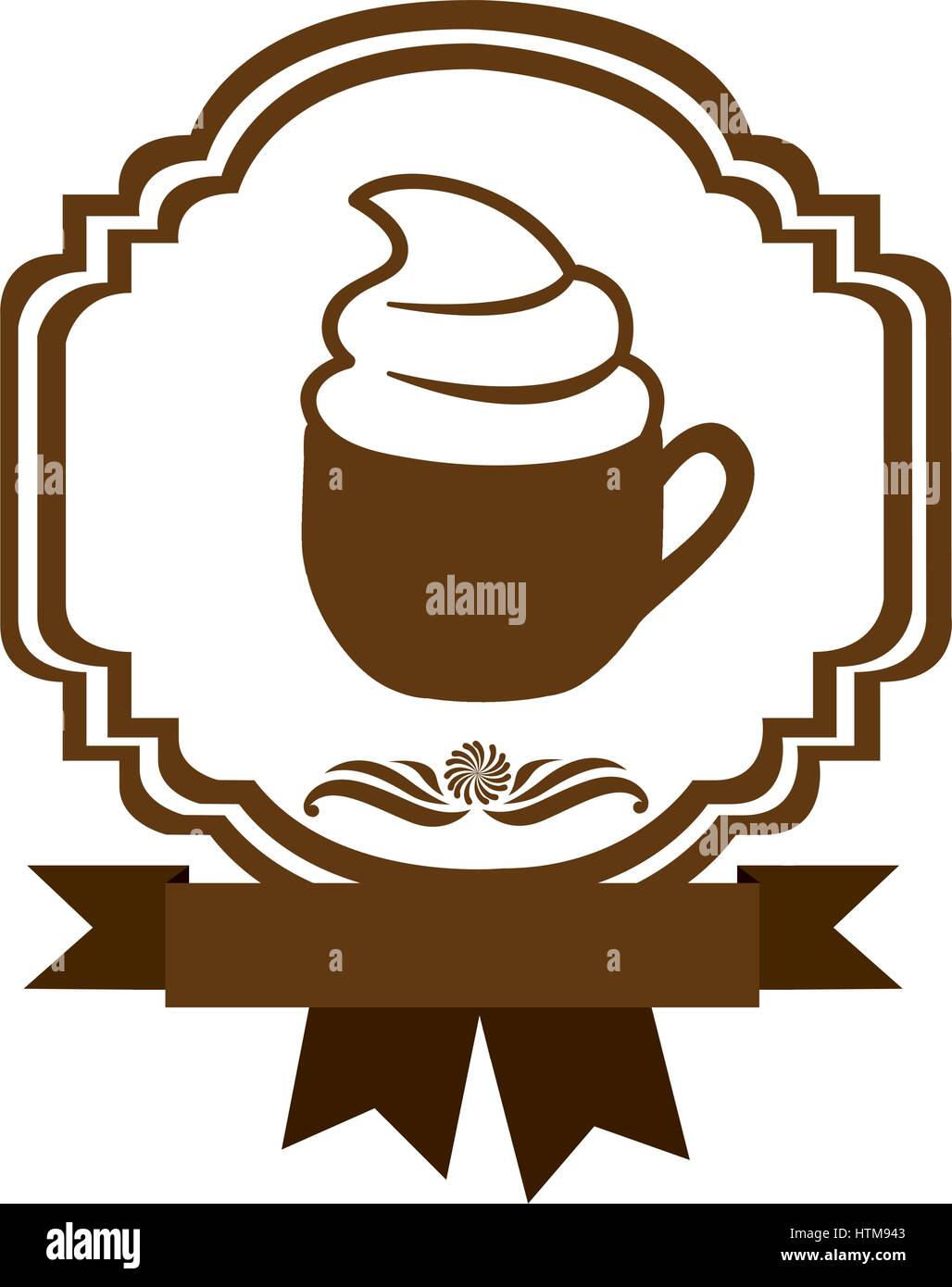 brown border heraldic decorative ribbon with cup of cappuccino with cream Stock Vector