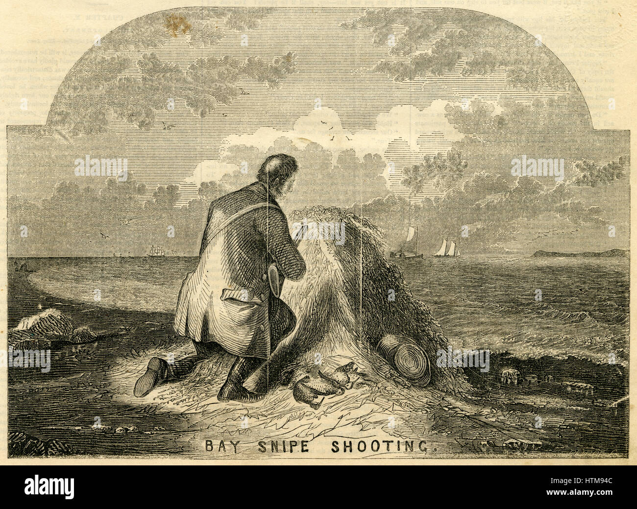 Antique 1854 engraving, 'Bay Snipe Shooting. At the close of April, the red-breasted snipe arrives on the coasts of Long Island.' The long-billed dowitcher (Limnodromus scolopaceus) is a medium-sized shorebird. SOURCE: ORIGINAL ENGRAVING. Stock Photo