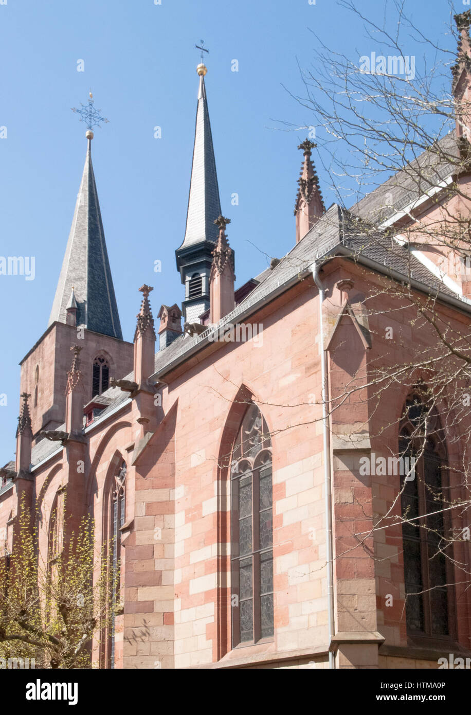 Neustadt an der Weinstrasse, Germany - April 19, 2015: Spiers on the roof of Stiftskirche Stock Photo