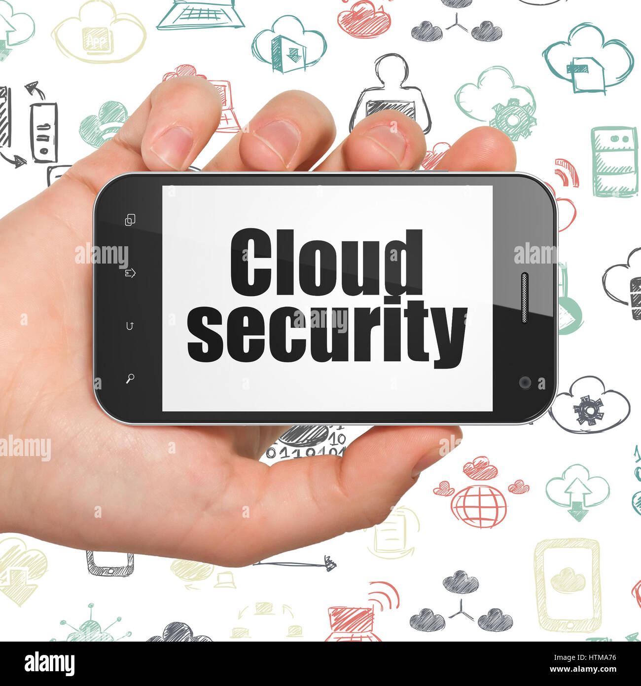 Cloud networking concept: Hand Holding Smartphone with Cloud Security ...