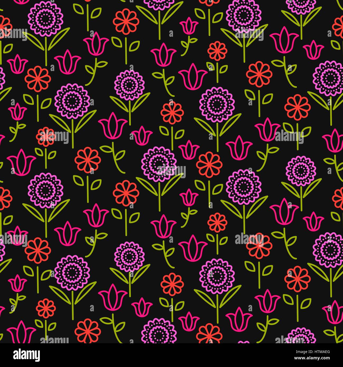 Seamless vector pattern with bright line flowers on black Stock Vector ...