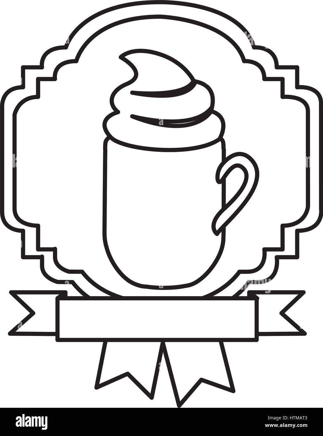 silhouette border heraldic decorative ribbon with mug of cappuccino with cream Stock Vector