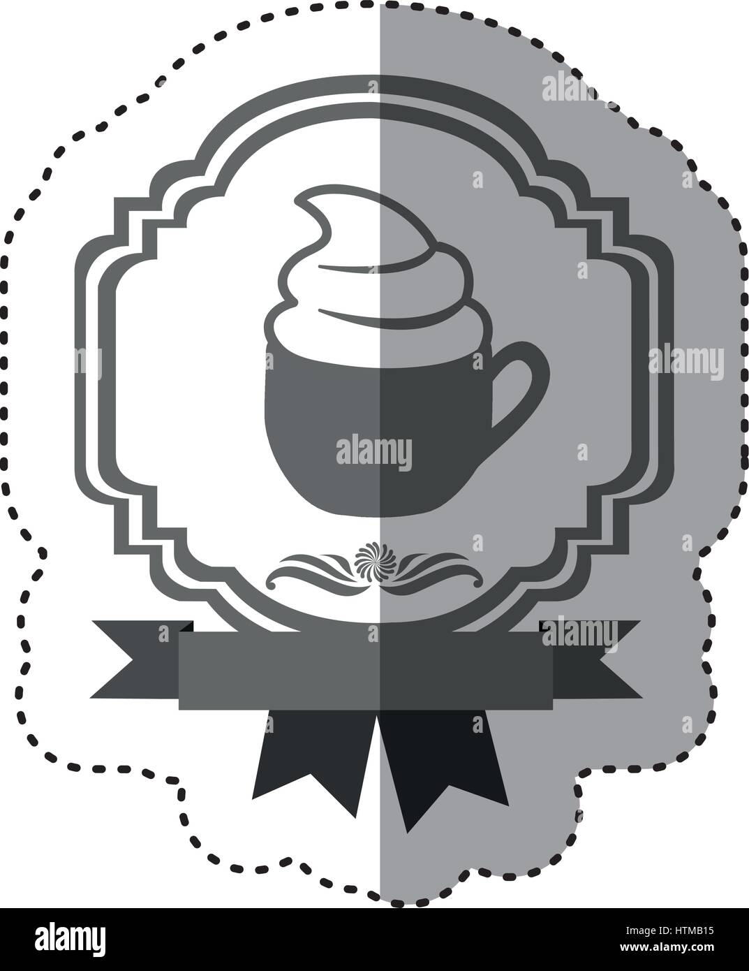 sticker gray scale border heraldic decorative ribbon with cup of cappuccino with cream Stock Vector