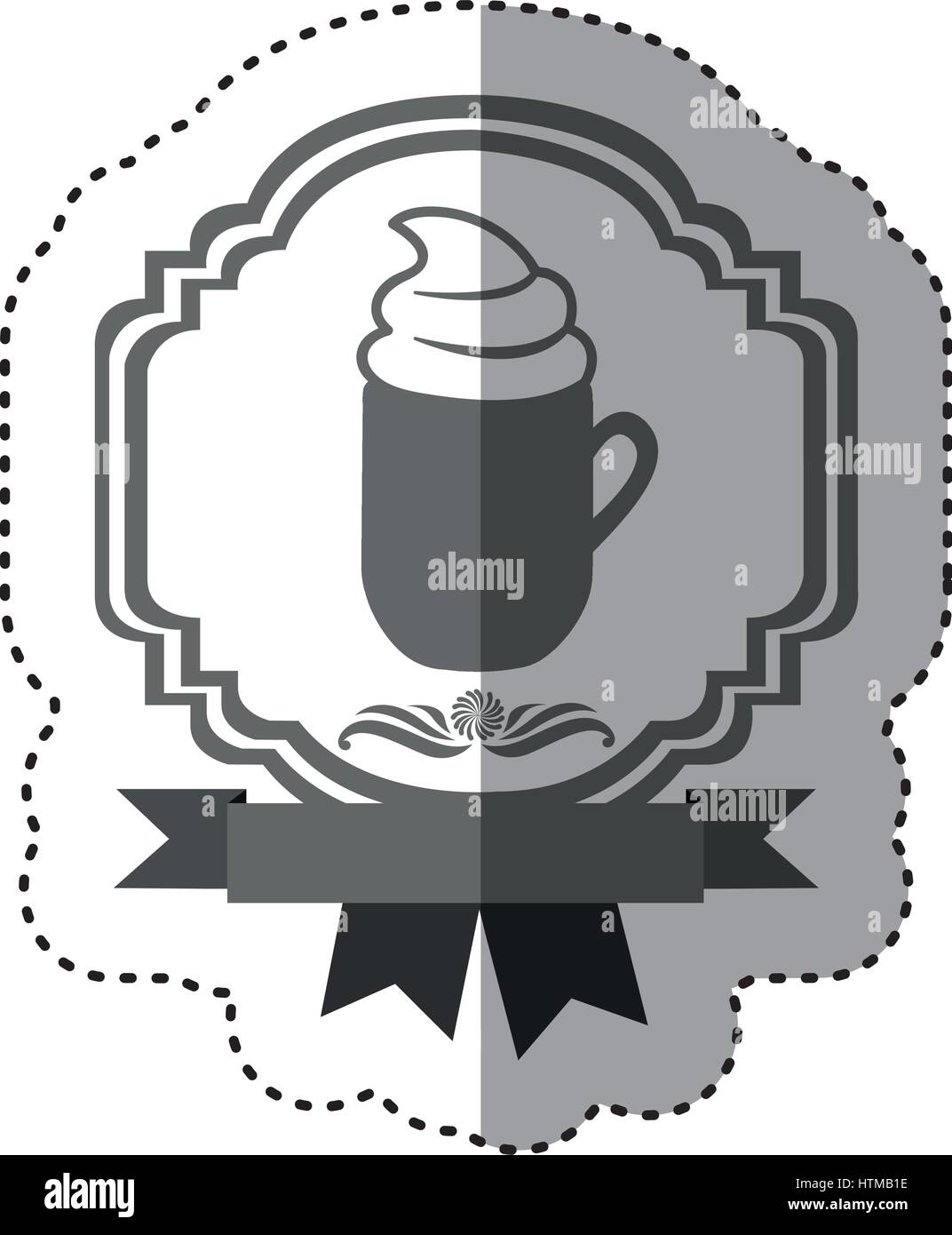 sticker gray scale border heraldic decorative ribbon with mug of cappuccino with cream Stock Vector