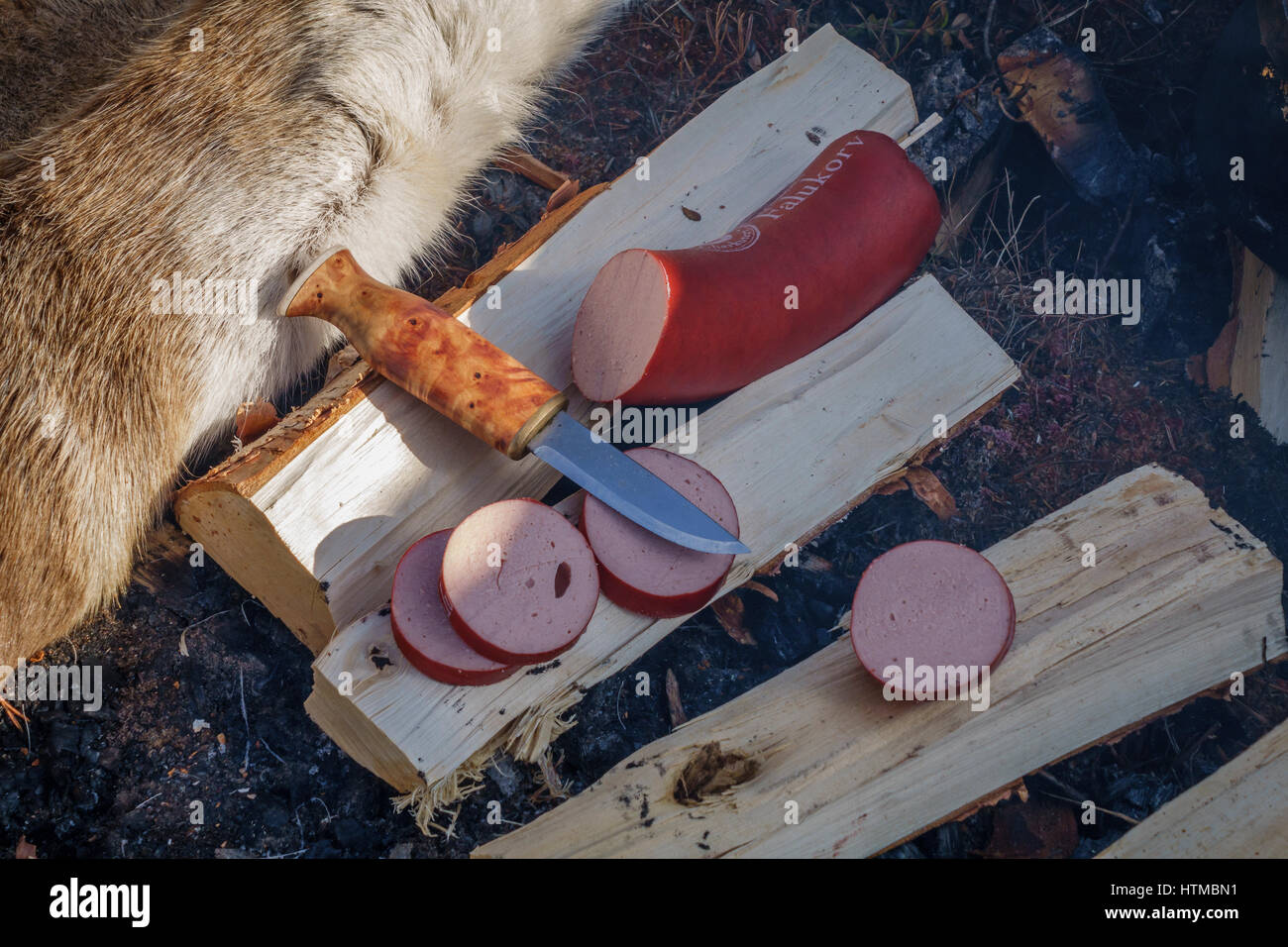 Traditional Reindeer Sausage, served outdoors, Lapland Guesthouse in Kangos, Lapland, Sweden
Stock Photo