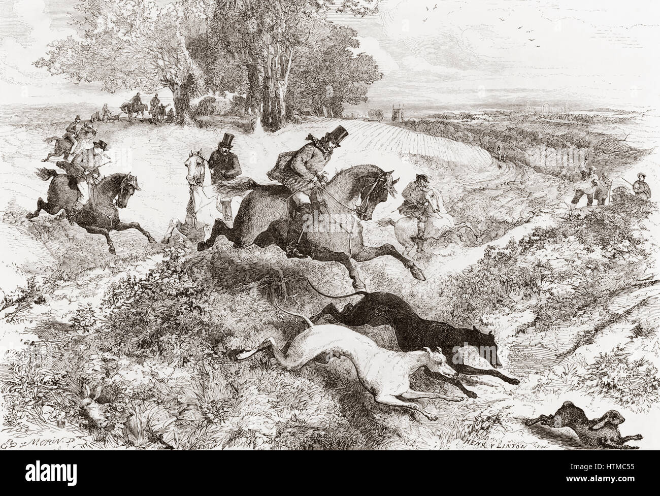 Hare coursing, the pursuit of hares with greyhounds, in England in the 19th century.  From Album-Evenement, Prime du Journal L'Evenement, published 1865. Stock Photo