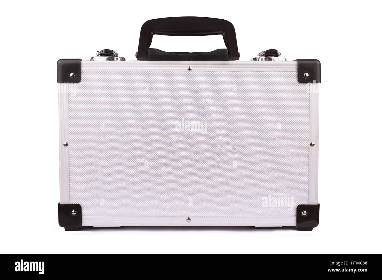 horizontal front view of closed silver metal aluminum security suitcase