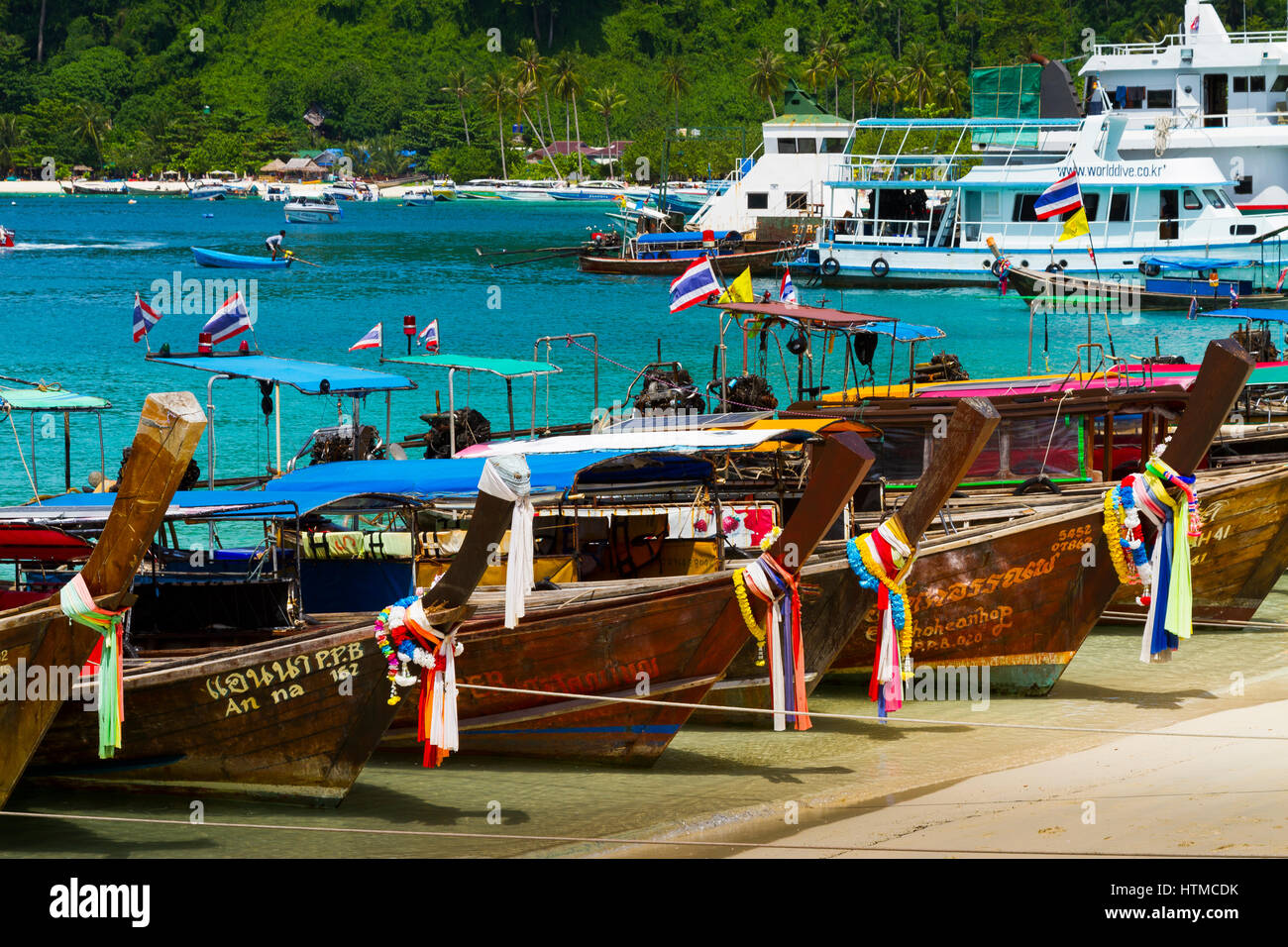 Longtail boat on Ton Sai village. Phi Phi Don island. Krabi province, Andaman Sea, Thailand. Stock Photo