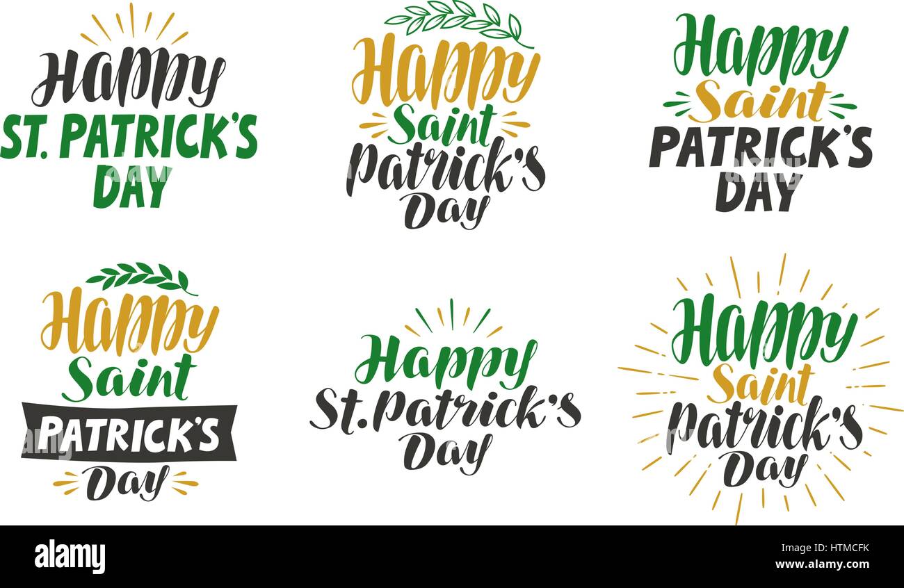 Happy saint Patrick's day, greeting card. Beer festival, label set. Lettering, calligraphy vector illustration Stock Vector