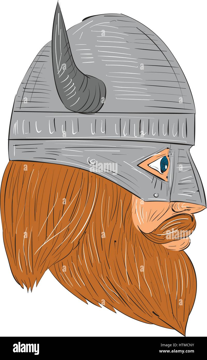 Drawing sketch style illustration of a norseman viking warrior raider barbarian head with beard wearing horned helmet viewed from the right side set o Stock Vector