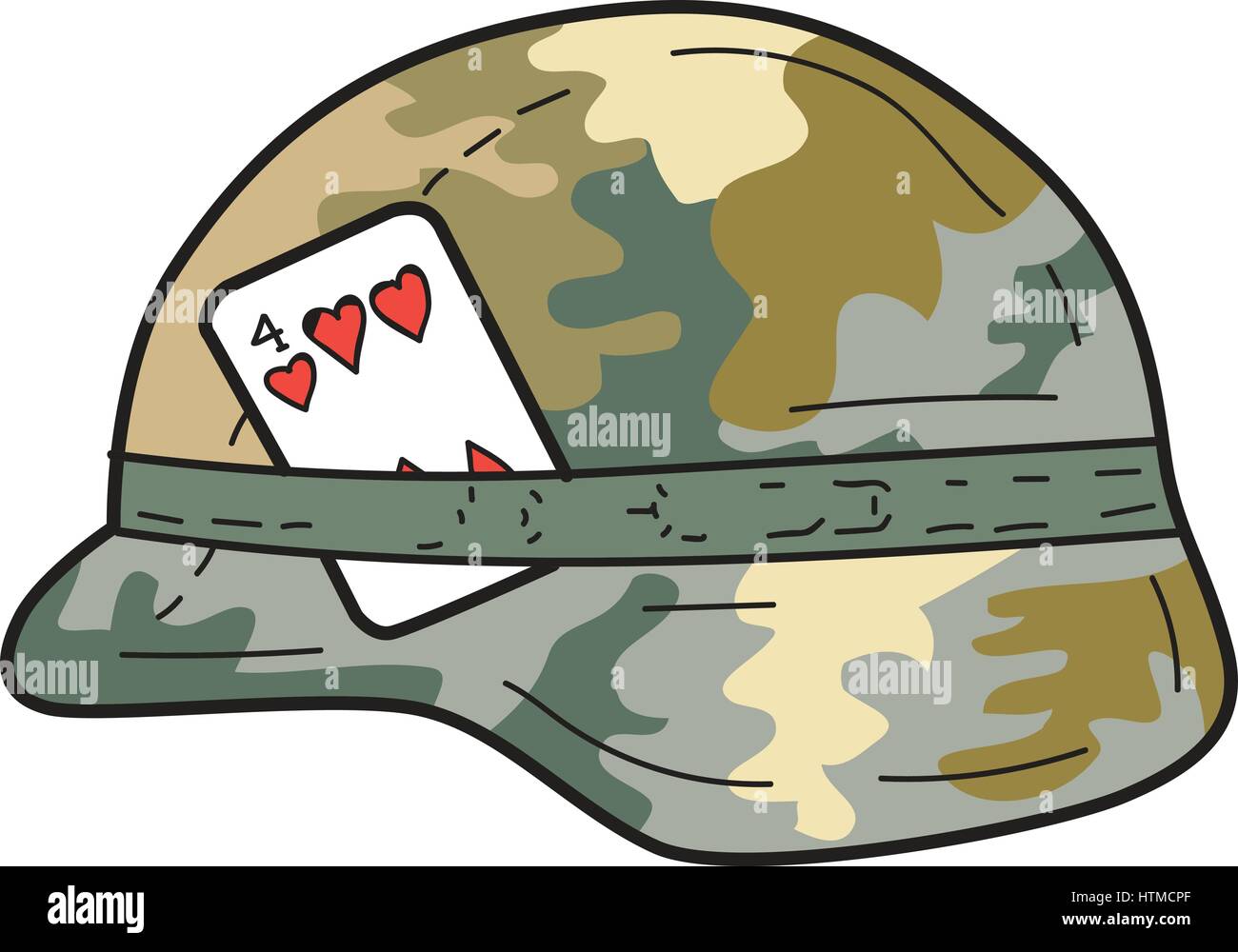Drawing sketch style illustration of a Us Army Kevlar combat helmet with camouflage cloth cover and four of hearts playing card attached to side set o Stock Vector