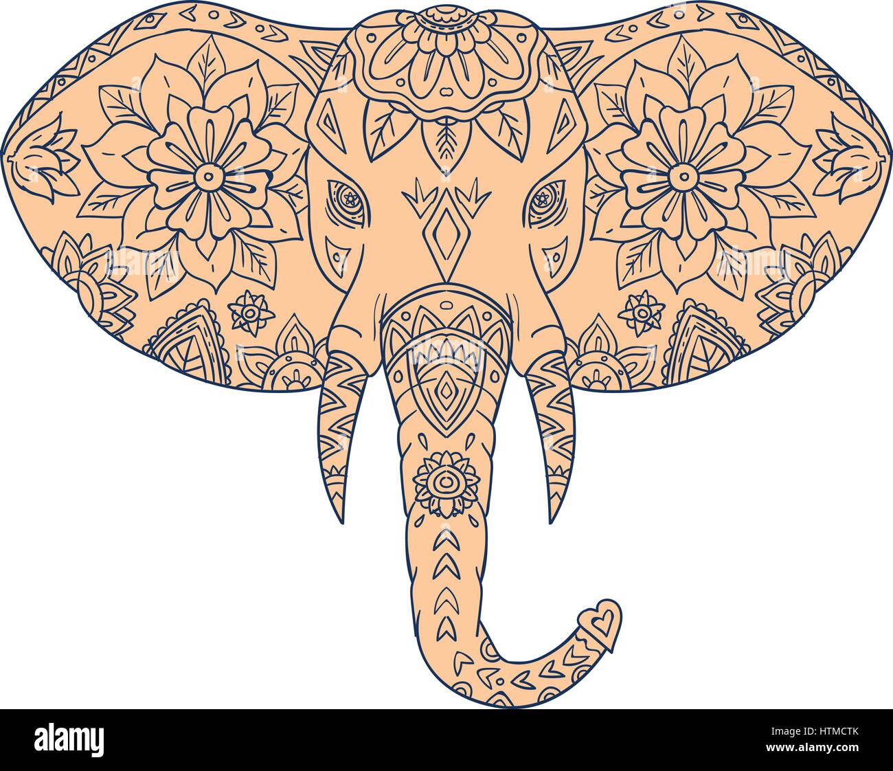 Mandala style illustration of an elephant head viewed from front set on ...