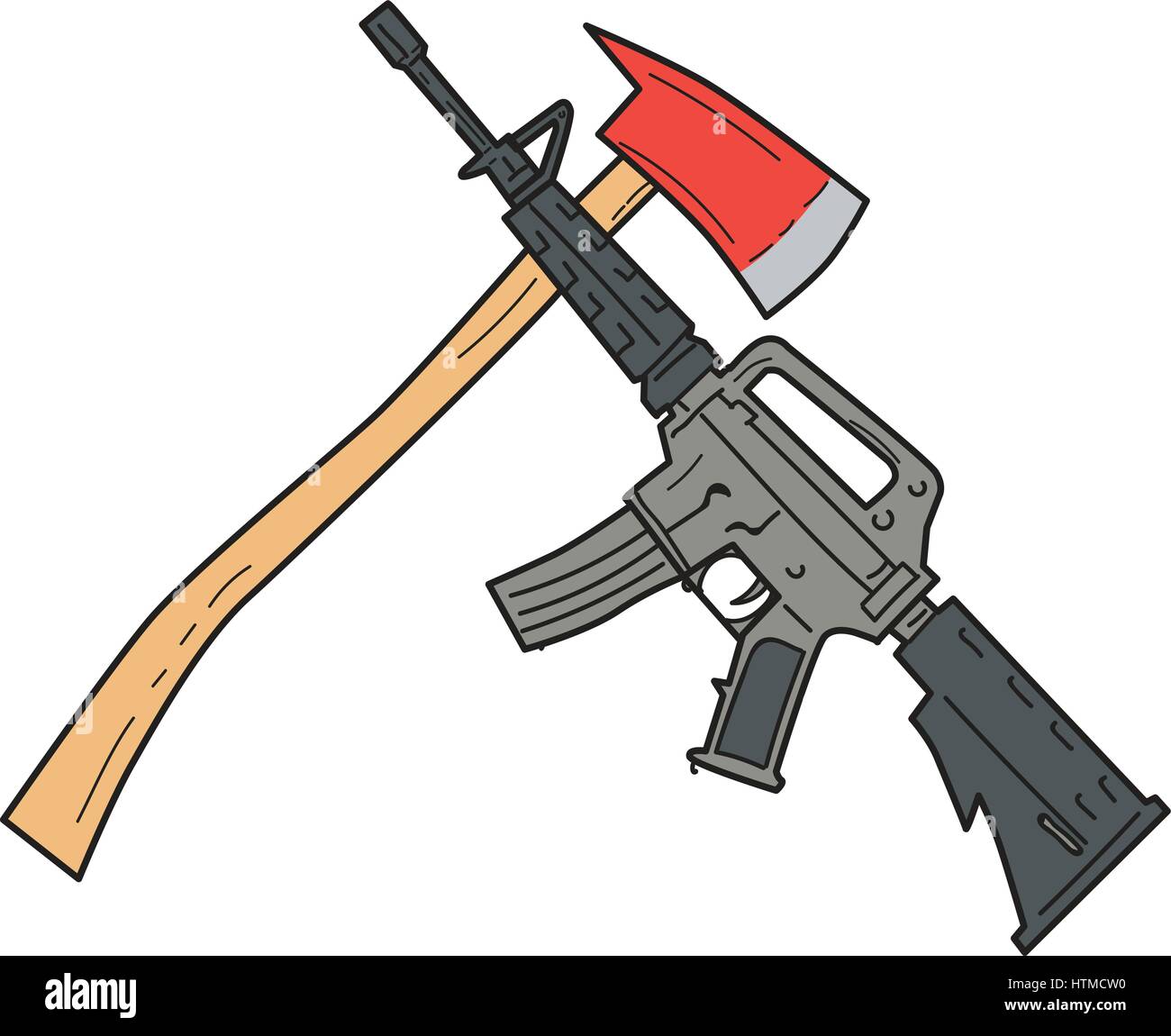 Drawing sketch style illustration of a crossed fire ax and an  M4 magazine-fed carbine rifle used by the United States Army and US Marine Corps combat Stock Vector