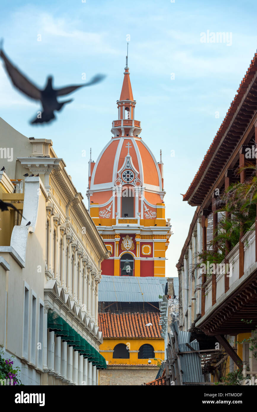 Cartegena Cathedral with a pigeon flying past in Cartagena, Colombia Stock Photo