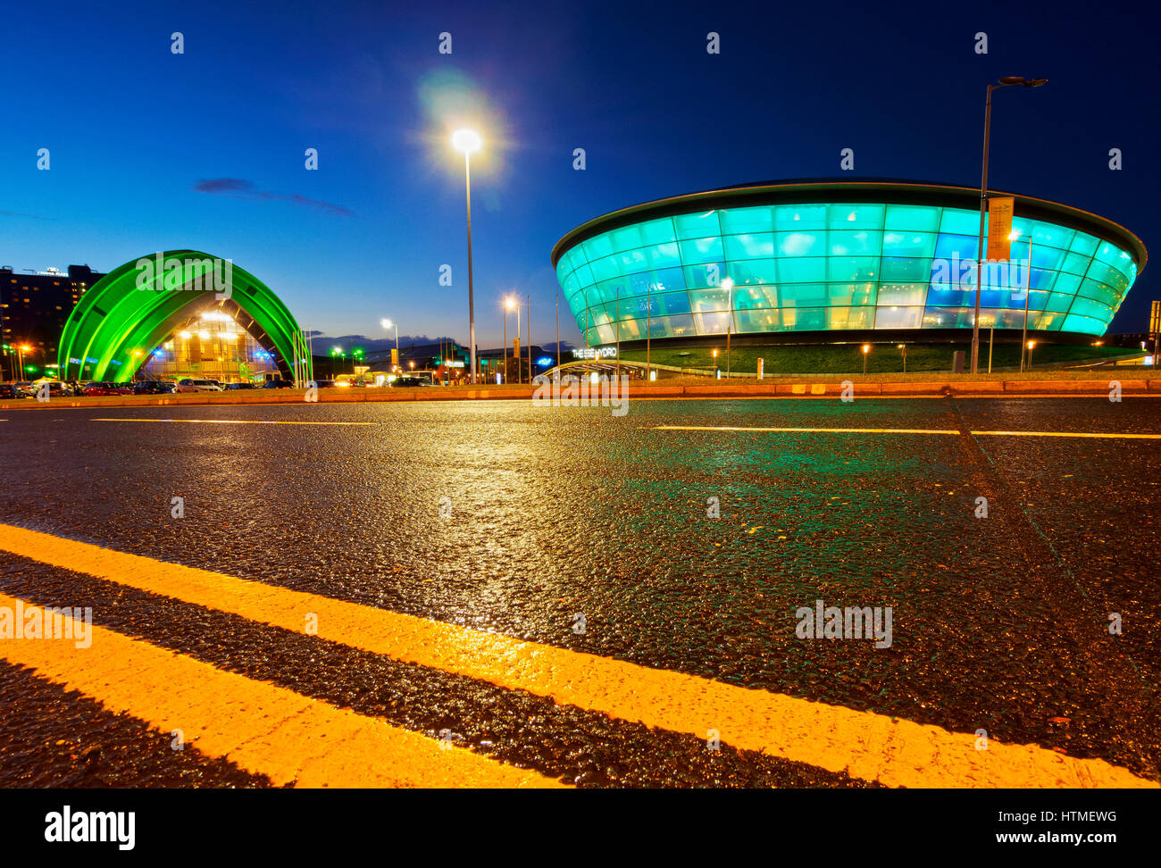 Twilight view of The Clyde Auditorium and the Hydro, Glasgow, Lowlands, Scotland, United Kingdom Stock Photo