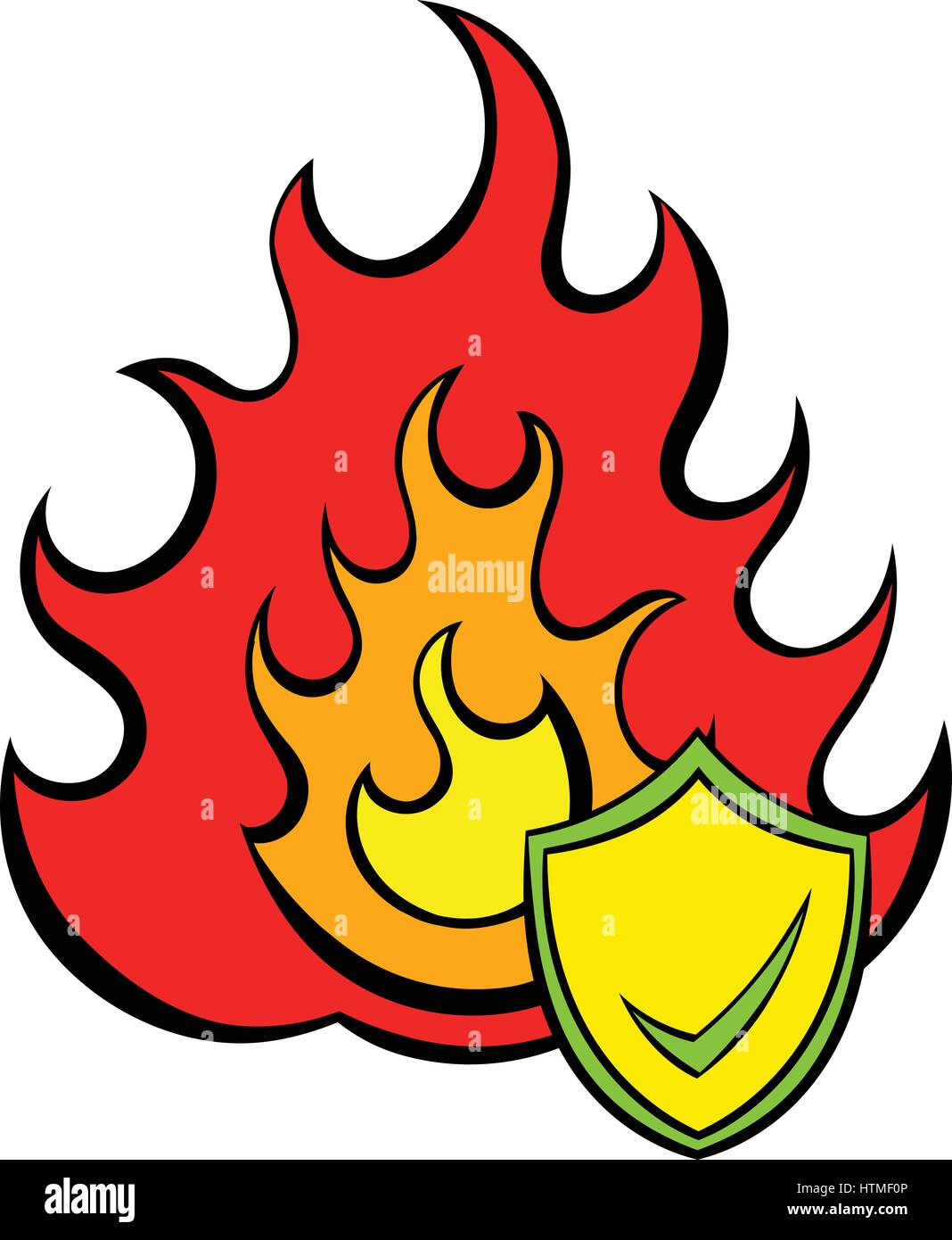 Fire and shield with tick icon cartoon Stock Vector